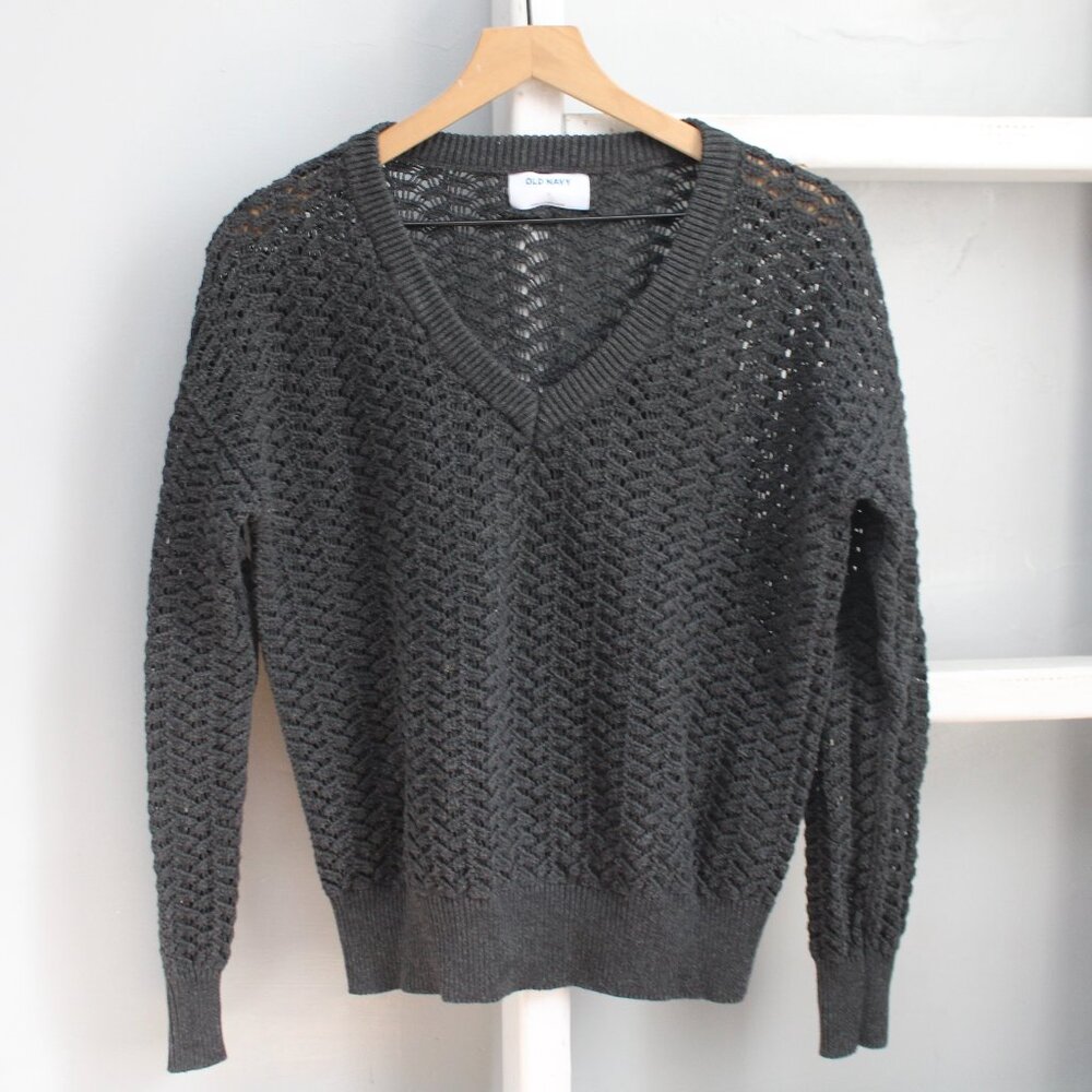 Old Navy Women's Charcoal Gray Textured Pointelle Open-Knit V-Neck Sweater Small